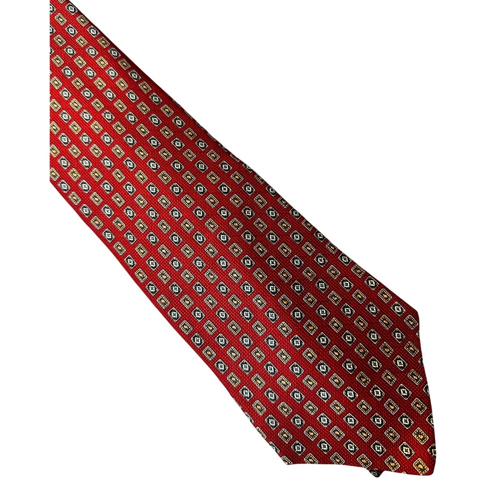 Tommy Hilfiger Mens Silk Tie Red Foulard Geometric Crest Pattern Academia Preppy